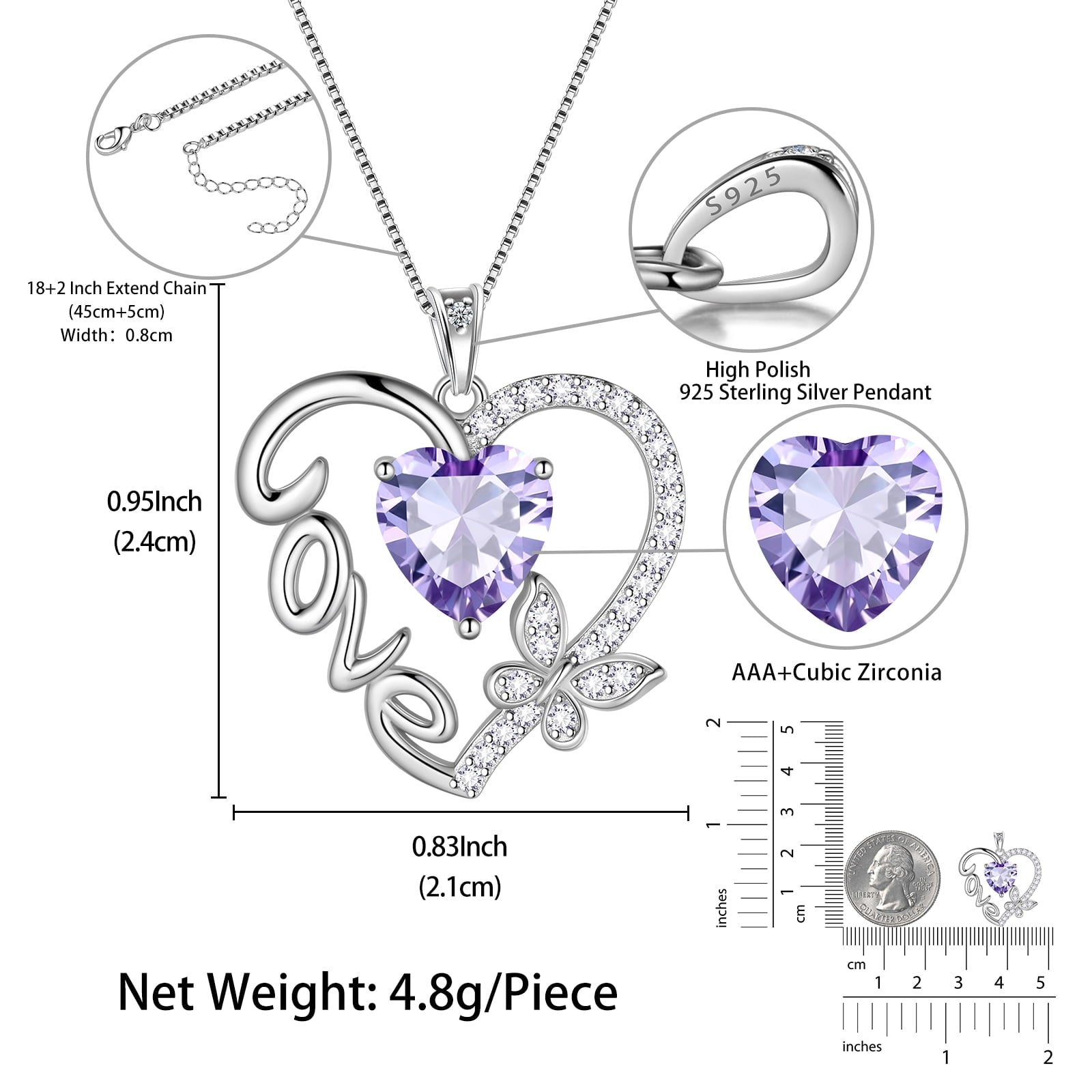 Women Purple Love Heart Necklace Butterfly June Birthstone Necklace Alexandrite 925 Sterling Silver Pendant Jewelry Birthday Valentine Mother's Day Gift - Aurora Tears