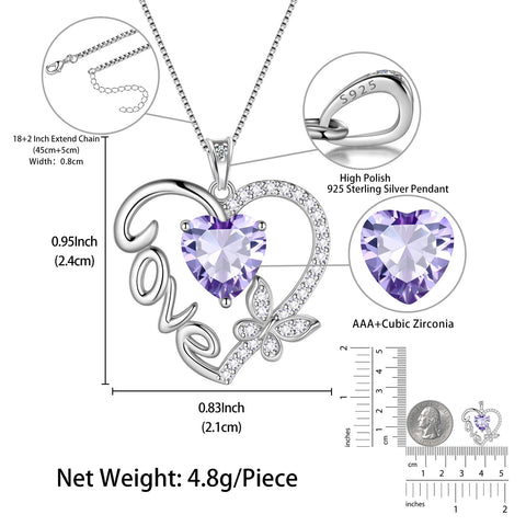 Women Purple Love Heart Necklace Butterfly June Birthstone Necklace Alexandrite 925 Sterling Silver Pendant Jewelry Birthday Valentine Mother's Day Gift - Aurora Tears