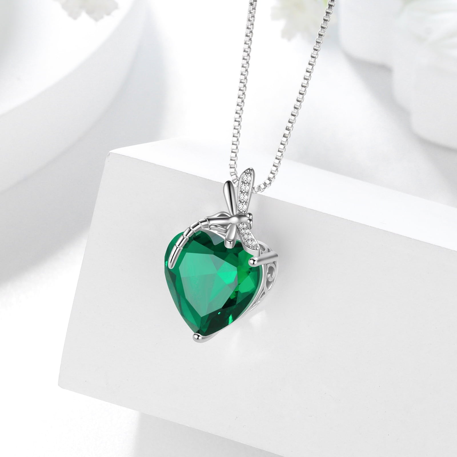Dragonfly Necklace Heart May Birthstone Necklace Emerald CZ 925 Sterling Silver Pendant Green Jewelry Women Birthday Christmas Mother's Day Gifts - Aurora Tears