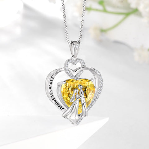 Couple Necklace for Women 925 Sterling Silver Heart November Birthstone Pendant Engraved Love Promise Engagement Jewelry Valentine's Day Gifts for Her Wife Bride - Aurora Tears