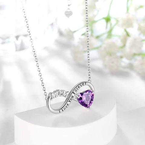Women Infinity Heart Necklace for Mom February Birthstone Amethyst Purple Pendant 925 Sterling Silver Jewelry Grandma Birthday Xmas Mother's Day Gift - Aurora Tears