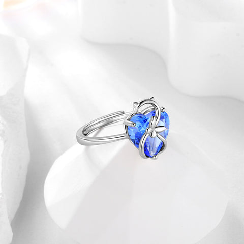 Women Heart Ring 925 Sterling Silver Cat Butterfly December Birthstone Tanzanite Blue Solitaire Ring Jewelry Mom Cat Lover Christmas Birthday Gift - Aurora Tears