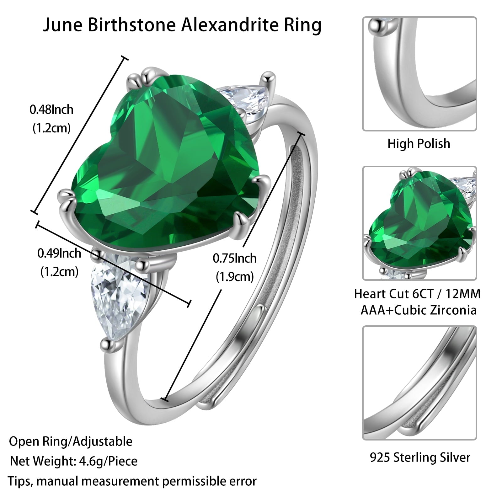 6Ct Women Heart Emerald Rings 925 Sterling Silver Green May Birthstone Ring Open Band Jewelry Birthday Christmas Mom Grandma Mother's Day Gift - Aurora Tears