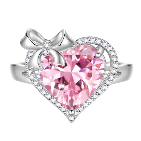 Juwaliy 6Ct Heart Women Ring Bow Kont Ribbon 925 Sterling Silver Birthstone Ring Solitaire Jewelry Mother Wife Birthday Valentine's Day Gift