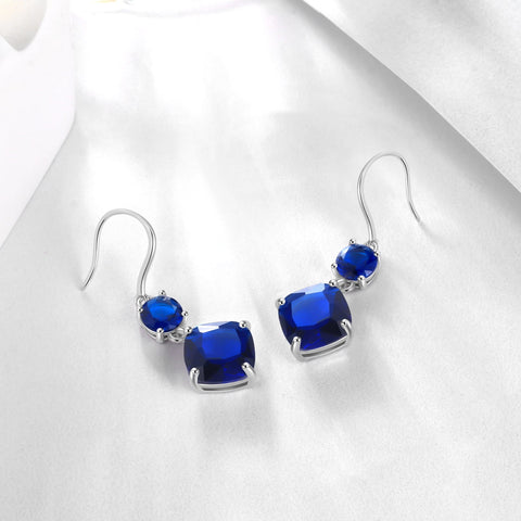 Women Blue Sapphire Dangle Earrings 925 Sterling Silver Hook September Birthstone Earring Cushion Jewelry Birthday Christmas Mother's Day Gift - Aurora Tears