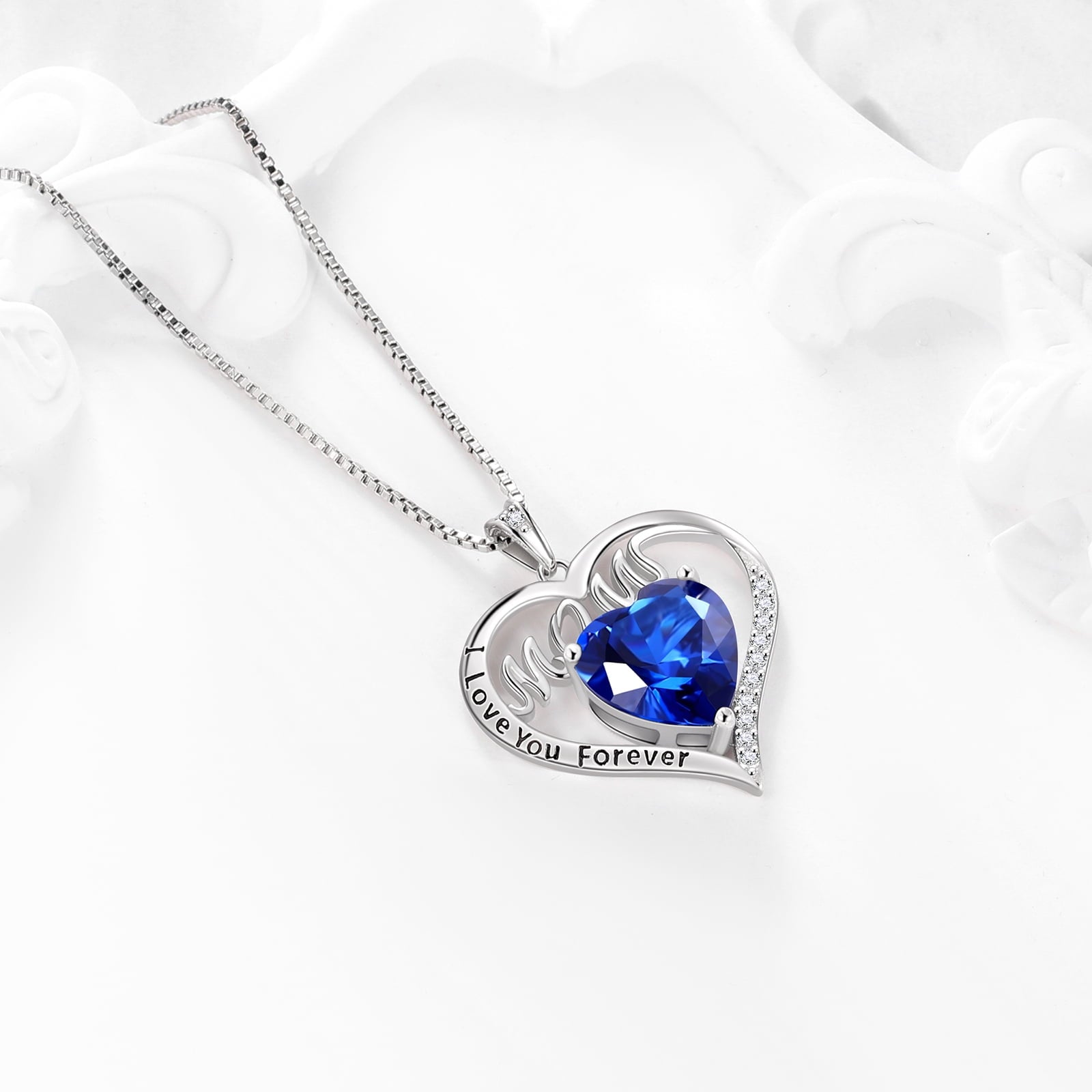 Women Blue Sapphire Necklace Heart September Birthstone I Love You Mom Necklace 925 Sterling Silver Pendant Jewelry Christmas Birthday Mother's Day Gift - Aurora Tears