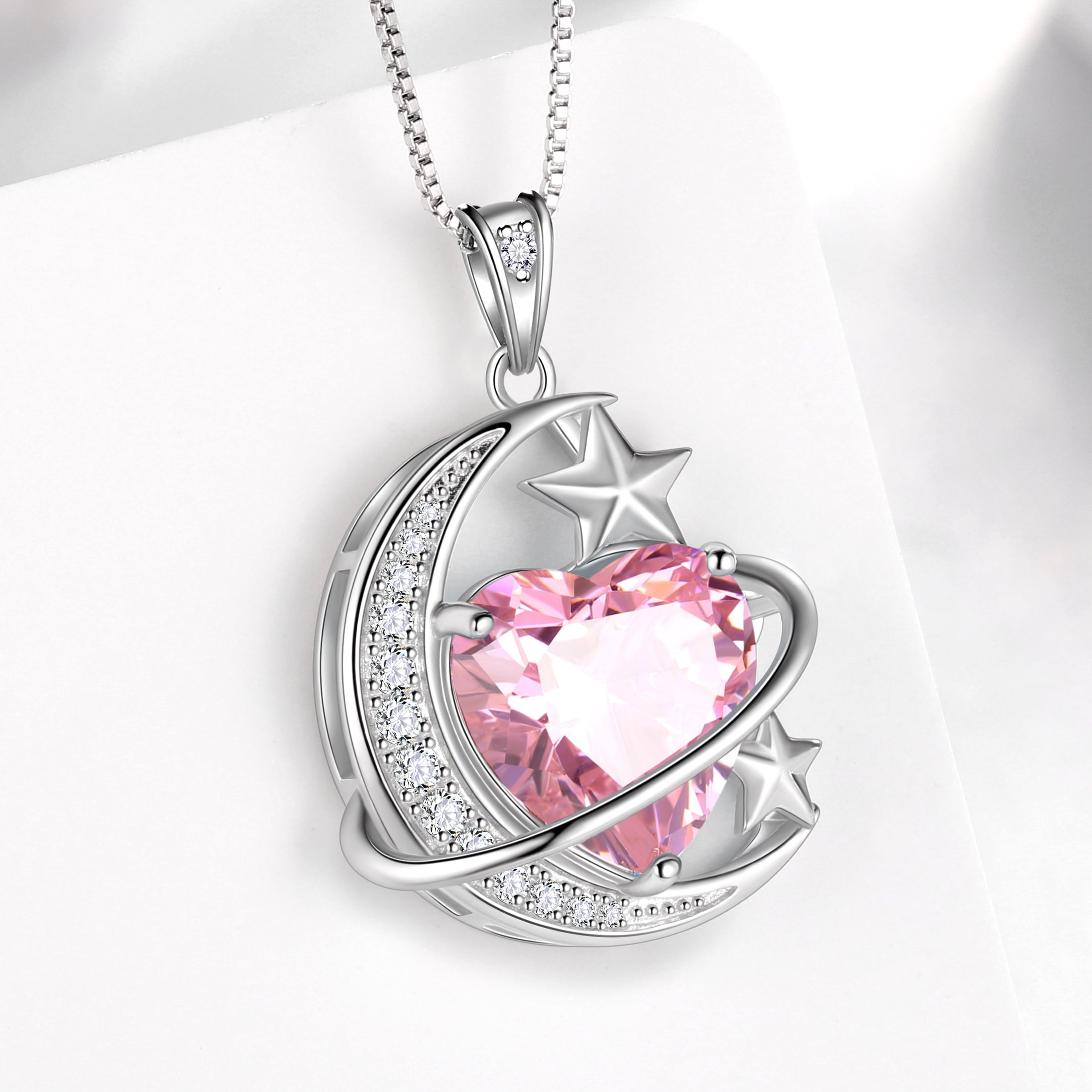 13MM Women Moon Star Necklace Heart October Birthstone 925 Sterling Silver Pendant Pink Tourmaline Plane Jewelry Christmas Birthday Valentine's Day Gift for Her/Wife/Mother - Aurora Tears