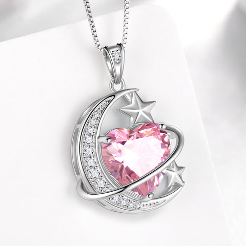 13MM Women Moon Star Necklace Heart October Birthstone 925 Sterling Silver Pendant Pink Tourmaline Plane Jewelry Christmas Birthday Valentine's Day Gift for Her/Wife/Mother - Aurora Tears