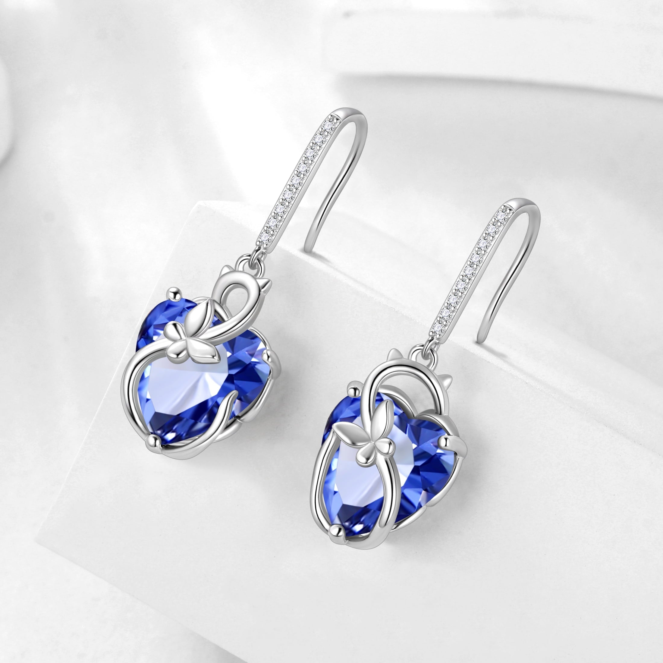 Cat Butterfly Earrings for Women 925 Sterling Silver Earrings Dangle Drop Hook Blue Heart Tanzanite December Birthstone Jewelry Christmas Birthday Valentines Day Gift for Mother Wife - Aurora Tears