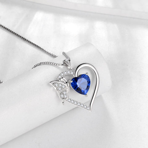 Women Blue Heart Necklace Butterfly September Birthstone Necklace Sapphire CZ 925 Sterling Silver Pendant Jewelry Birthday Mother's Day Gifts - Aurora Tears