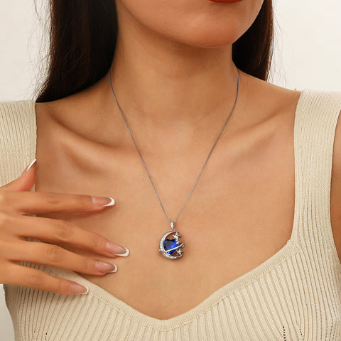 13MM Women Moon Stars Necklace Heart September Birthstone 925 Sterling Silver Pendant Blue Sapphire Jewelry Christmas Valentines Birthday Mother's Day Gift for Her/Wife/Mom - Aurora Tears