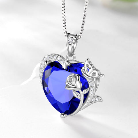 Women Heart Necklace Butterfly Rose Flower Pendant September Birthstone Blue Sapphire Jewelry 925 Sterling Silver Grandma Mother's Day Gift - Aurora Tears