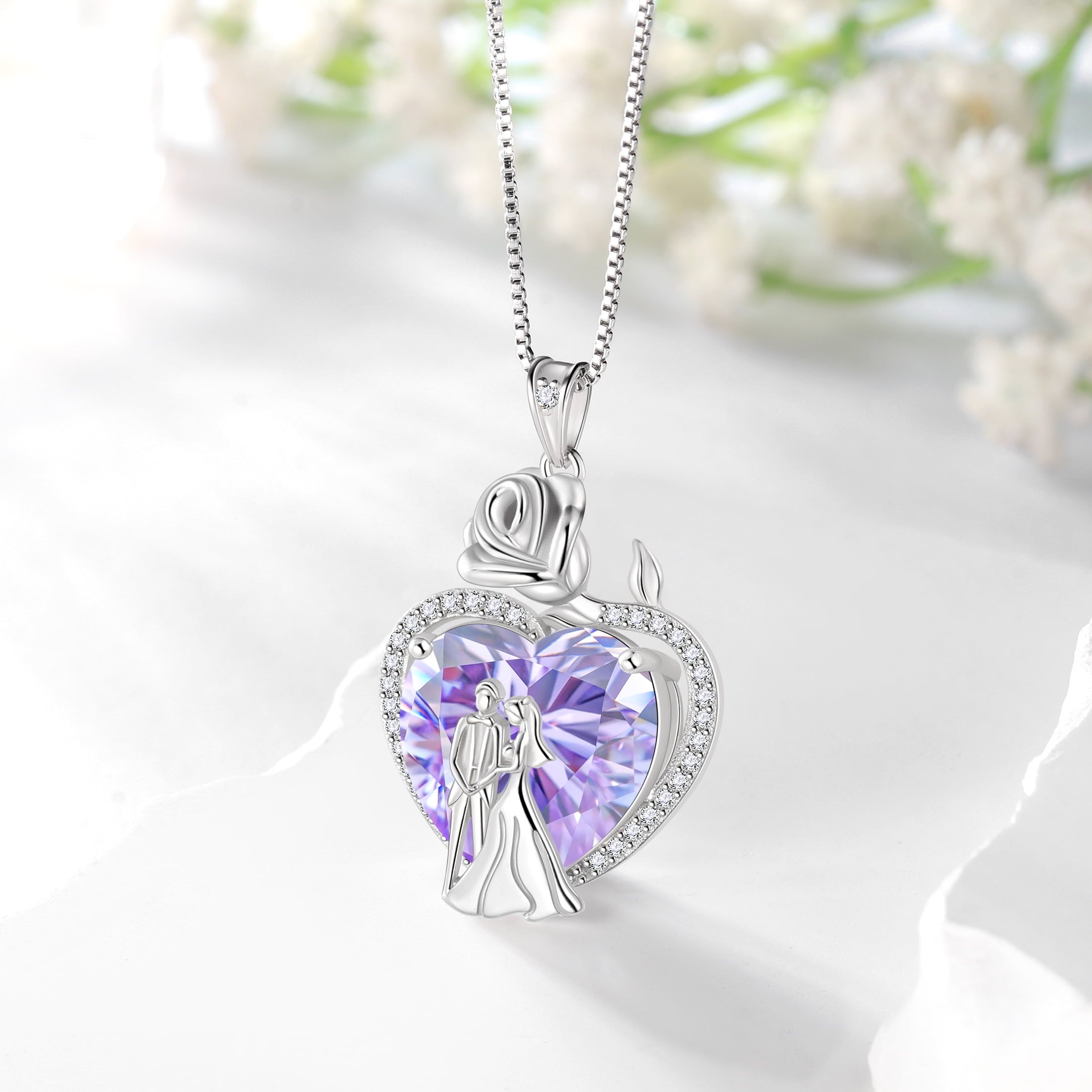 Couple Necklace for Women 925 Sterling Silver 15MM Heart June Birthstone Rose Flower Pendant Promise Engagement Bridal Jewelry Valentines Gift for Wife Girlfriend - Aurora Tears