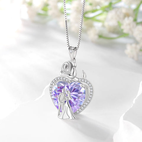 Couple Necklace for Women 925 Sterling Silver 15MM Heart June Birthstone Rose Flower Pendant Promise Engagement Bridal Jewelry Valentines Gift for Wife Girlfriend - Aurora Tears