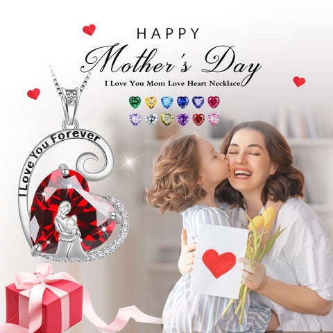 Mother Daughter Necklace 925 Sterling Silver Red Love Heart Ruby July Birthstone Pendant Jewelry Women Birthday Christmas Mother's Day Gift for Mom - Aurora Tears
