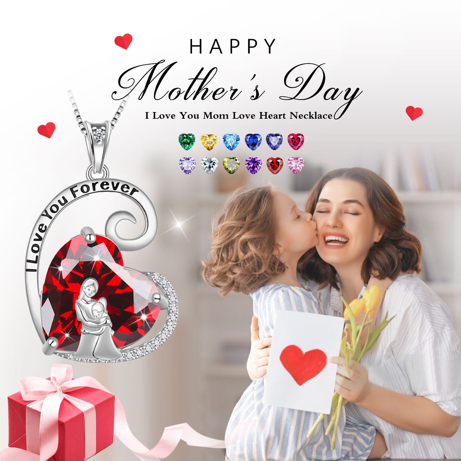 Mother Daughter Necklace 925 Sterling Silver Love Heart Diamond April Birthstone Pendant Jewelry Mom Women Christmas Birthday Mother's Day Gift - Aurora Tears