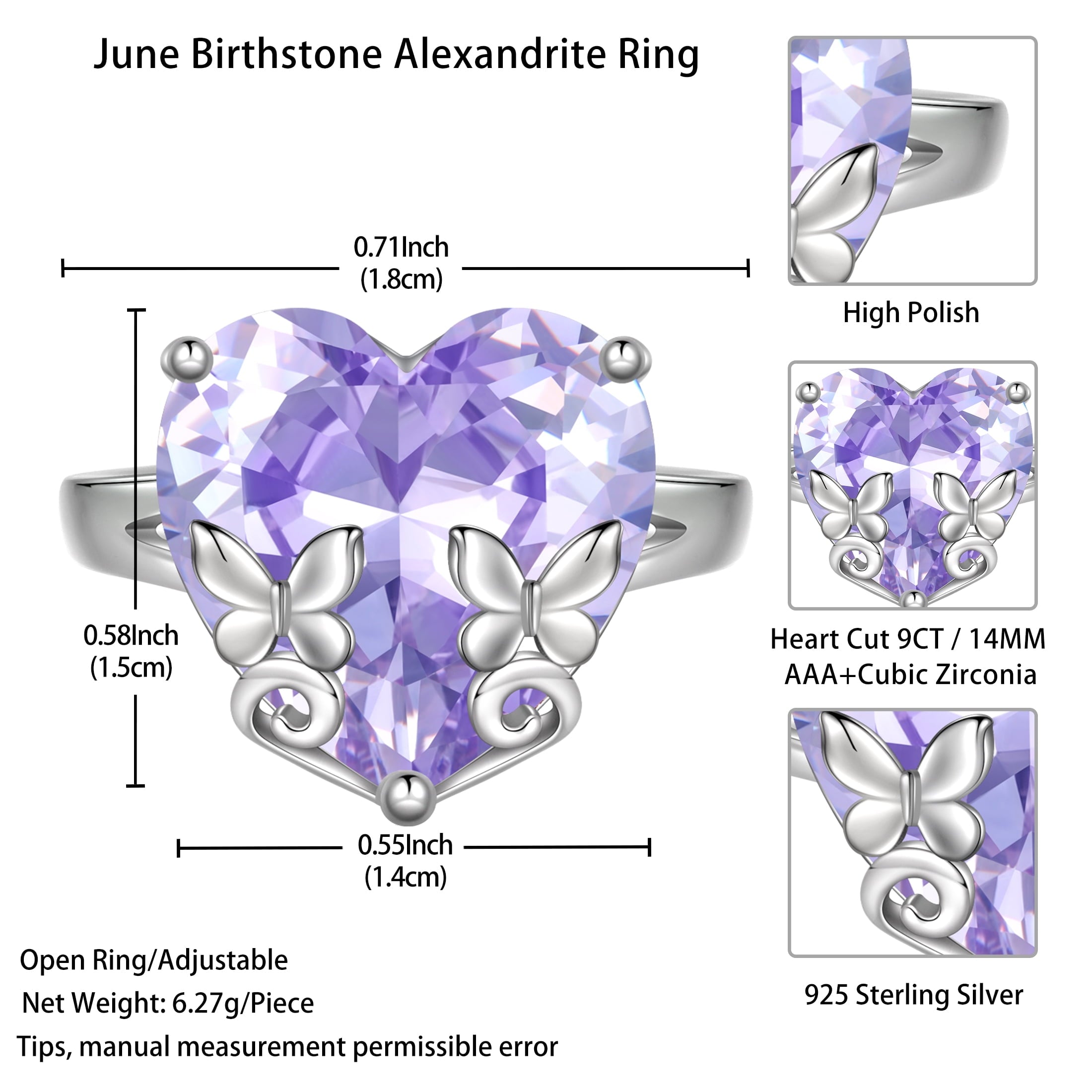 9Ct Women Heart Ring 925 Sterling Silver Butterfly June Birthstone Alexandrite Solitaire Ring Jewelry Birthday Gift for Mother - Aurora Tears