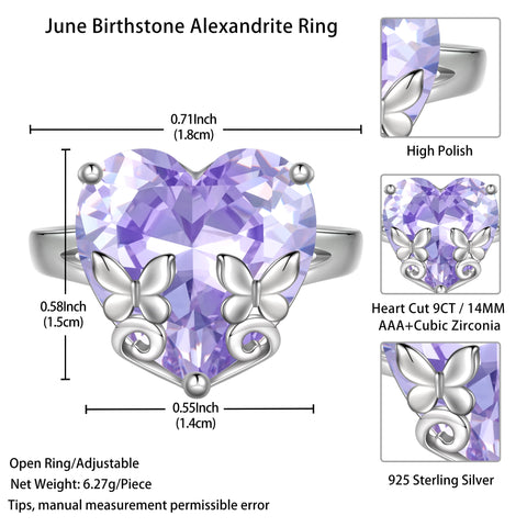 9Ct Women Heart Ring 925 Sterling Silver Butterfly June Birthstone Alexandrite Solitaire Ring Jewelry Birthday Gift for Mother - Aurora Tears