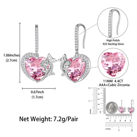 Women October Birthstone Drop Earrings Heart Tourmaline Pink Butterfly Rose Jewelry 925 Sterling Silver Hook Mother Christmas Valentine's Day Gift - Aurora Tears