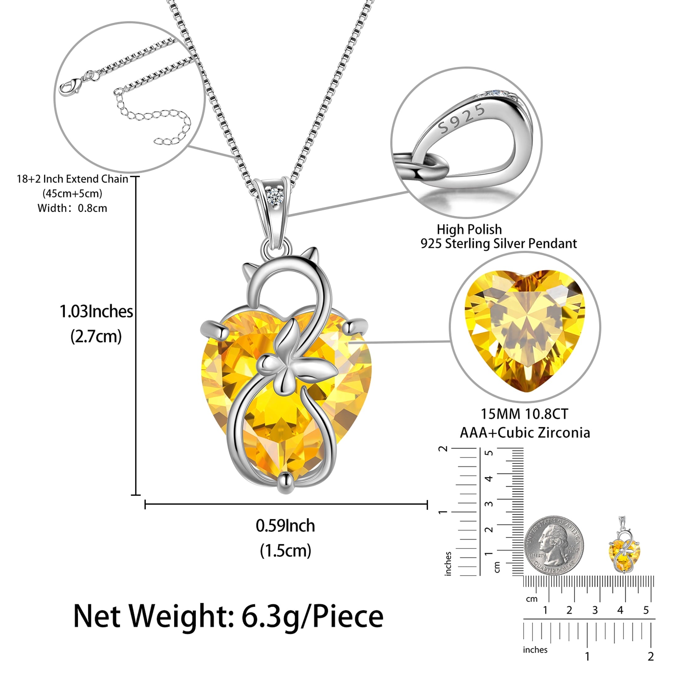15MM Women Cat Necklace Heart November Birthstone 925 Sterling Silver Pendant Yellow Butterfly Citrine Jewelry Mother Cat Lover Christmas Birthday Gift - Aurora Tears