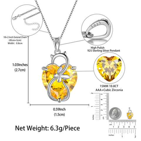 15MM Women Cat Necklace Heart November Birthstone 925 Sterling Silver Pendant Yellow Butterfly Citrine Jewelry Mother Cat Lover Christmas Birthday Gift - Aurora Tears