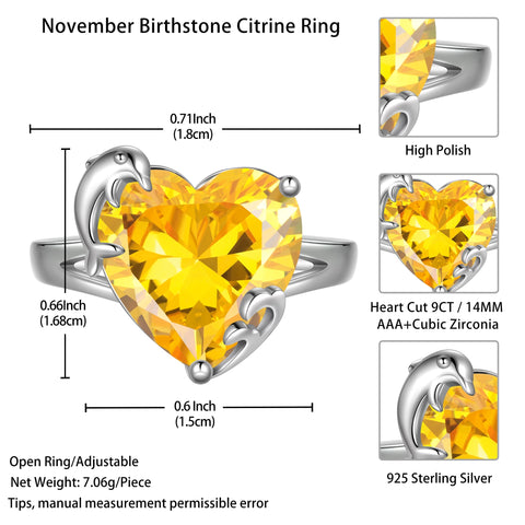 9Ct Women Heart Ring 925 Sterling Silver Dolphin November Birthstone Citrine Solitaire Ring Jewelry Christmas Thanksgiving Gift for Mother - Aurora Tears