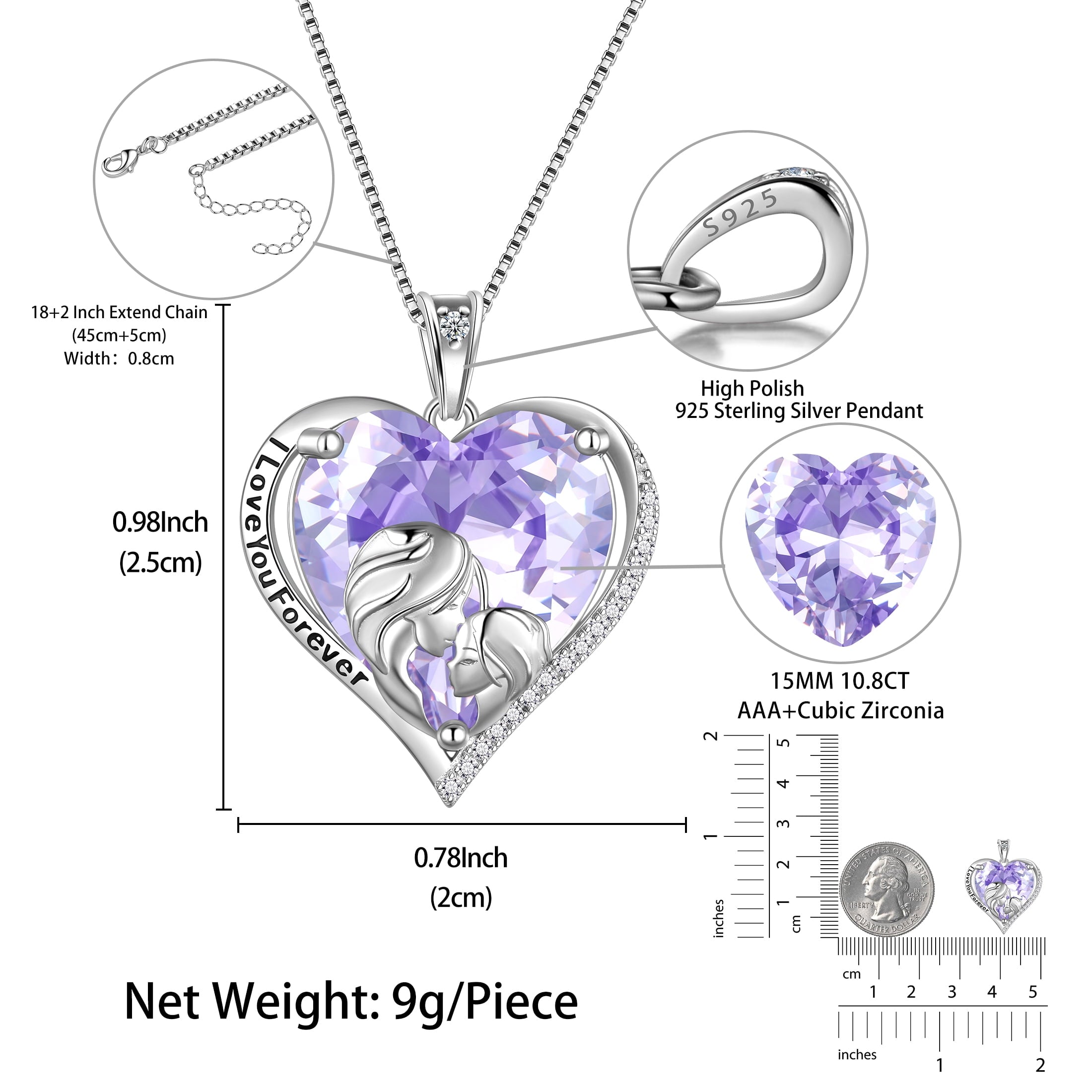 Women Heart Necklace for Daughter Sister 925 Sterling Silver Light Purple Alexandrite June Birthstone Pendant Jewelry Christmas Mother's Day Gift - Aurora Tears