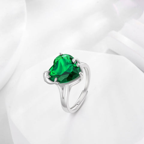 9Ct Women Heart Ring 925 Sterling Silver Dolphin May Birthstone Emerald Green Solitaire Ring Jewelry Birthday Mother's Day Gift - Aurora Tears
