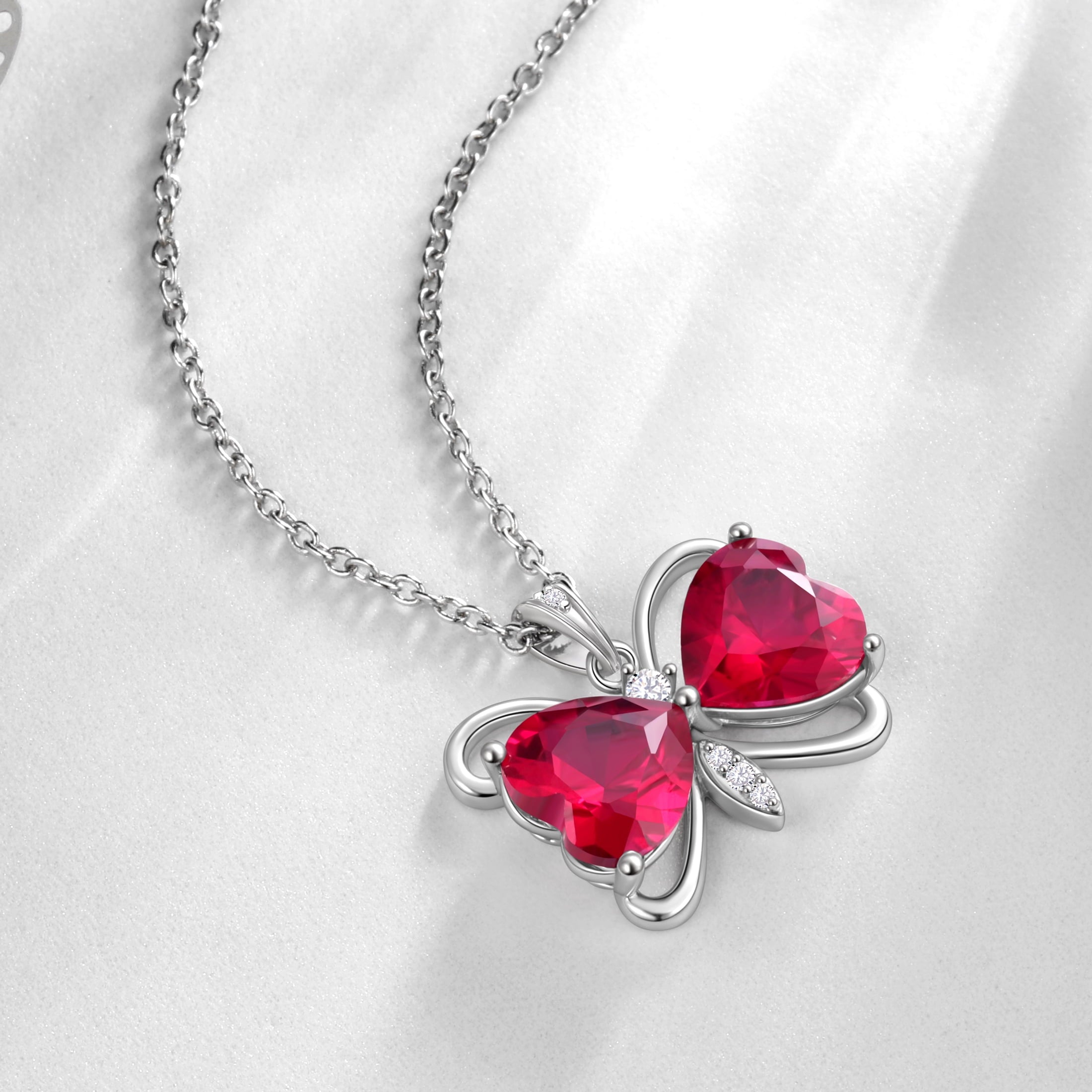 Women Red Butterfly Necklace Heart July Birthstone Necklace Ruby Crystal Silver Plated Pendant Jewelry Wife Wedding Birthday Mother's Day Gift - Aurora Tears