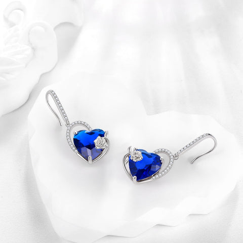 925 Sterling Silver Earrings Women Heart September Birthstone Hook Dangling Earring Sapphire Blue Rose Jewelry Birthday Mother's Day Gift - Aurora Tears