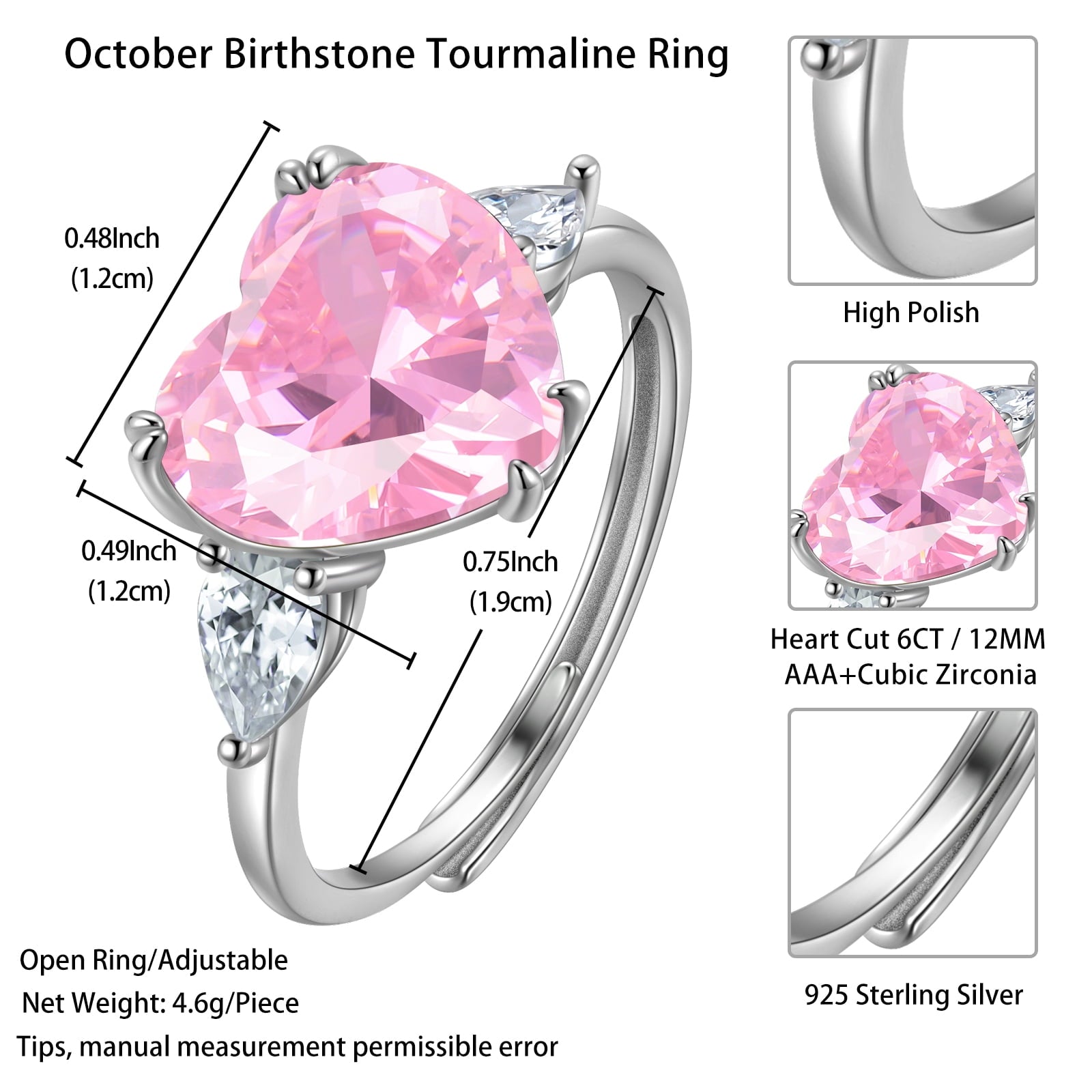 6Ct Women Heart Pink Tourmaline Ring 925 Sterling Silver October Birthstone Rings Jewelry Mother Wedding Birthday Valentine's Day Gift - Aurora Tears