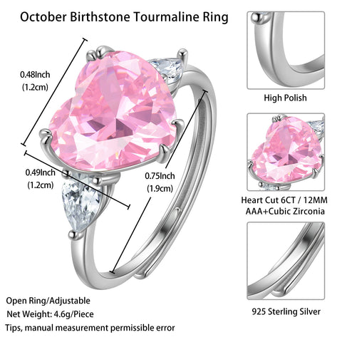 6Ct Women Heart Pink Tourmaline Ring 925 Sterling Silver October Birthstone Rings Jewelry Mother Wedding Birthday Valentine's Day Gift - Aurora Tears