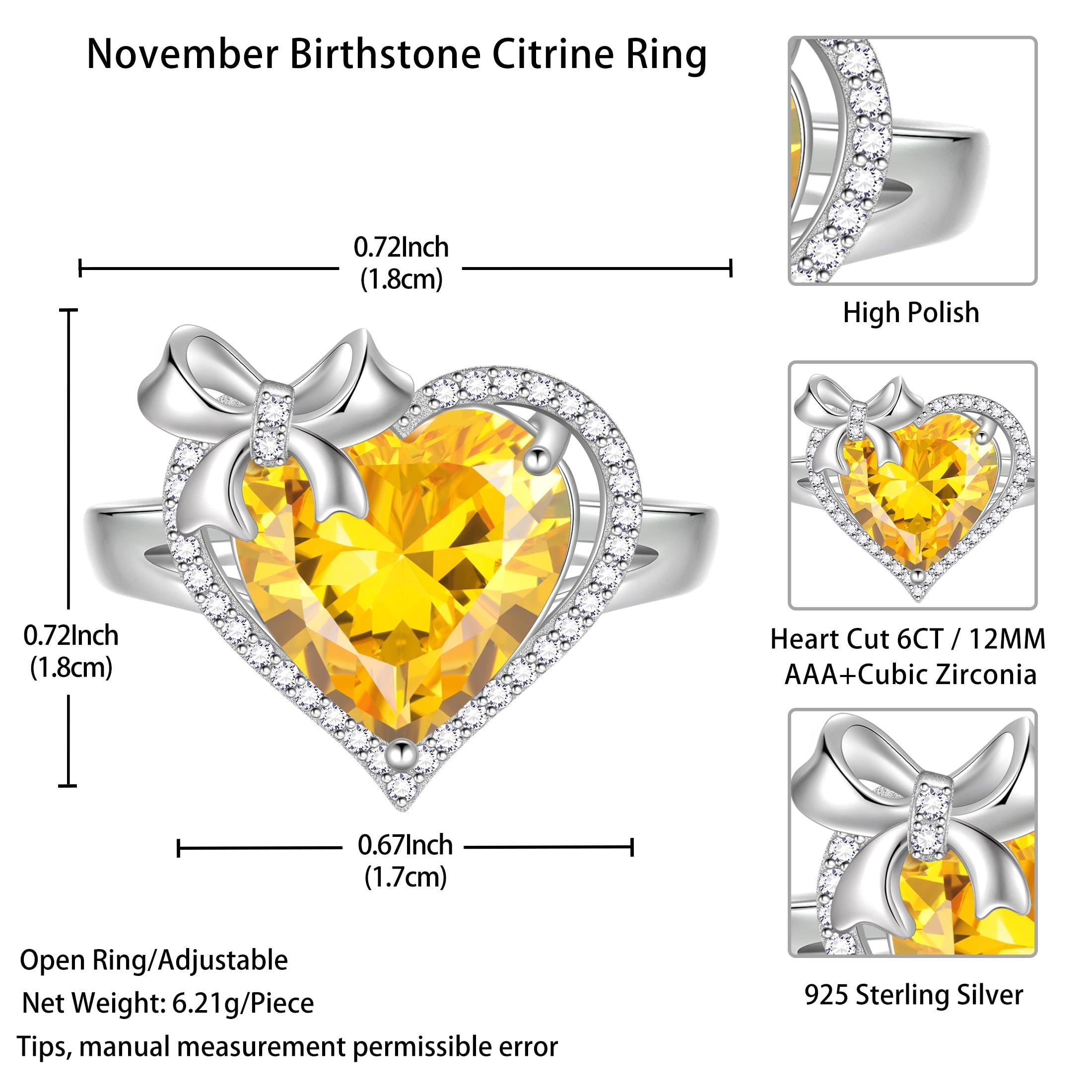 6Ct Heart Women Ring Bow Kont Ribbon 925 Sterling Silver November Birthstone Citrine Ring Jewelry Christmas Birthday Valentines Gift for Mother Grandma - Aurora Tears