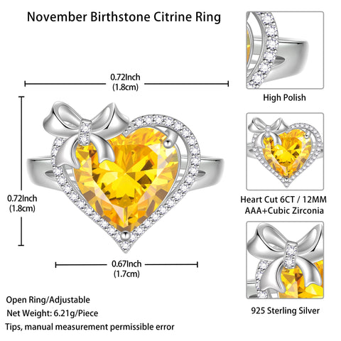 6Ct Heart Women Ring Bow Kont Ribbon 925 Sterling Silver November Birthstone Citrine Ring Jewelry Christmas Birthday Valentines Gift for Mother Grandma - Aurora Tears