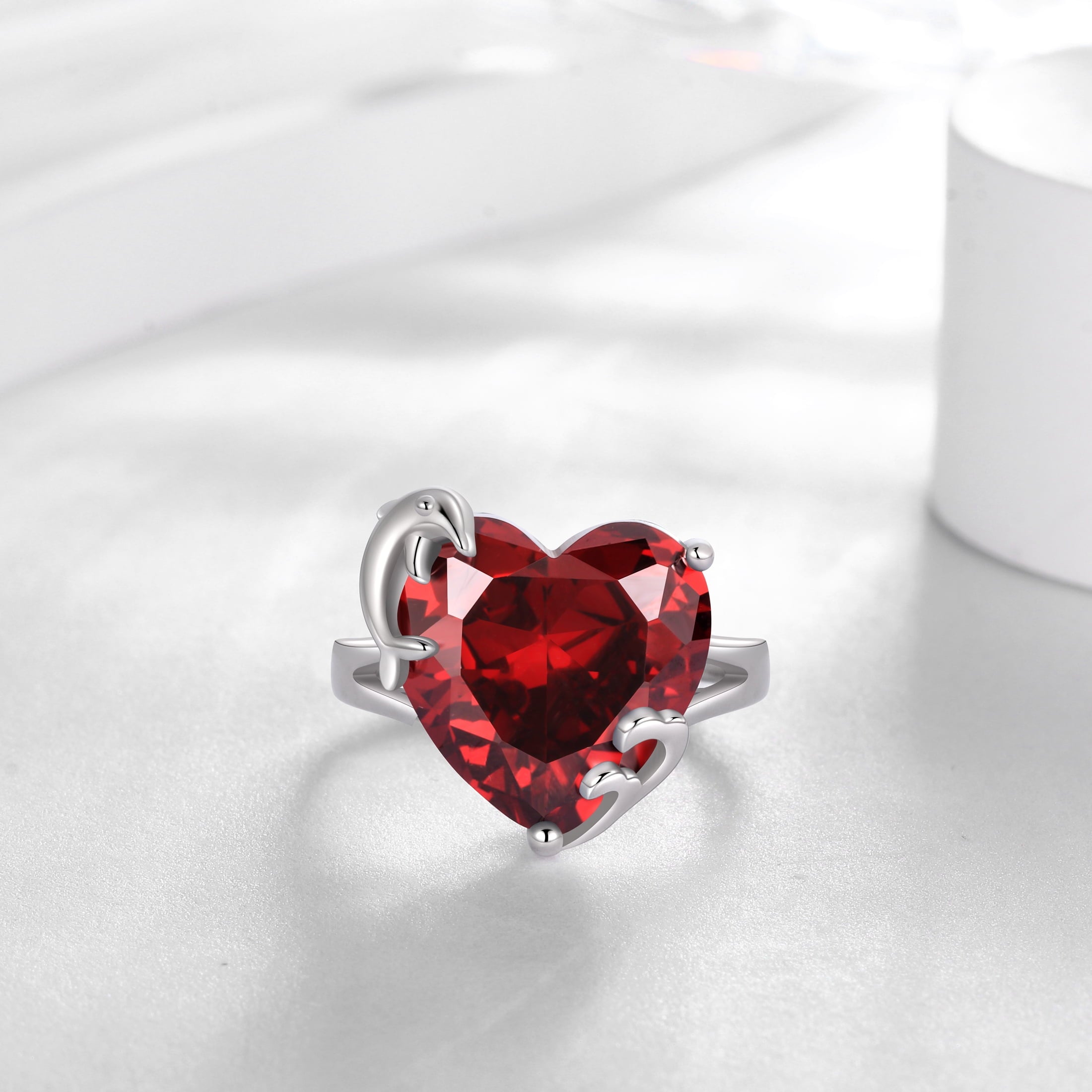 9Ct Women Heart Ring 925 Sterling Silver Dolphin January Birthstone Red Garnet Solitaire Ring Jewelry Mother Birthday Valentine's Day Gift - Aurora Tears