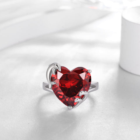 9Ct Women Heart Ring 925 Sterling Silver Dolphin January Birthstone Red Garnet Solitaire Ring Jewelry Mother Birthday Valentine's Day Gift - Aurora Tears