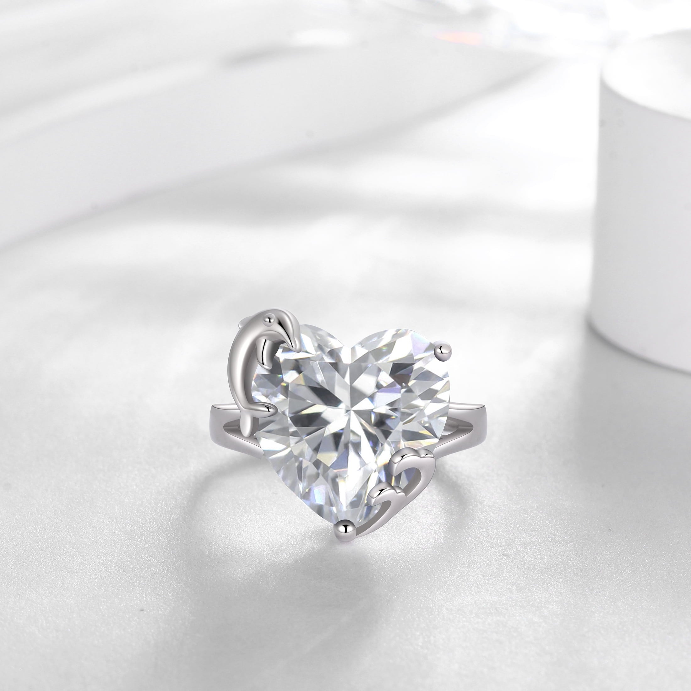 9Ct Women Heart Ring 925 Sterling Silver Dolphin April Birthstone Diamond Crystal Solitaire Ring Bridal Jewelry Birthday Gift - Aurora Tears