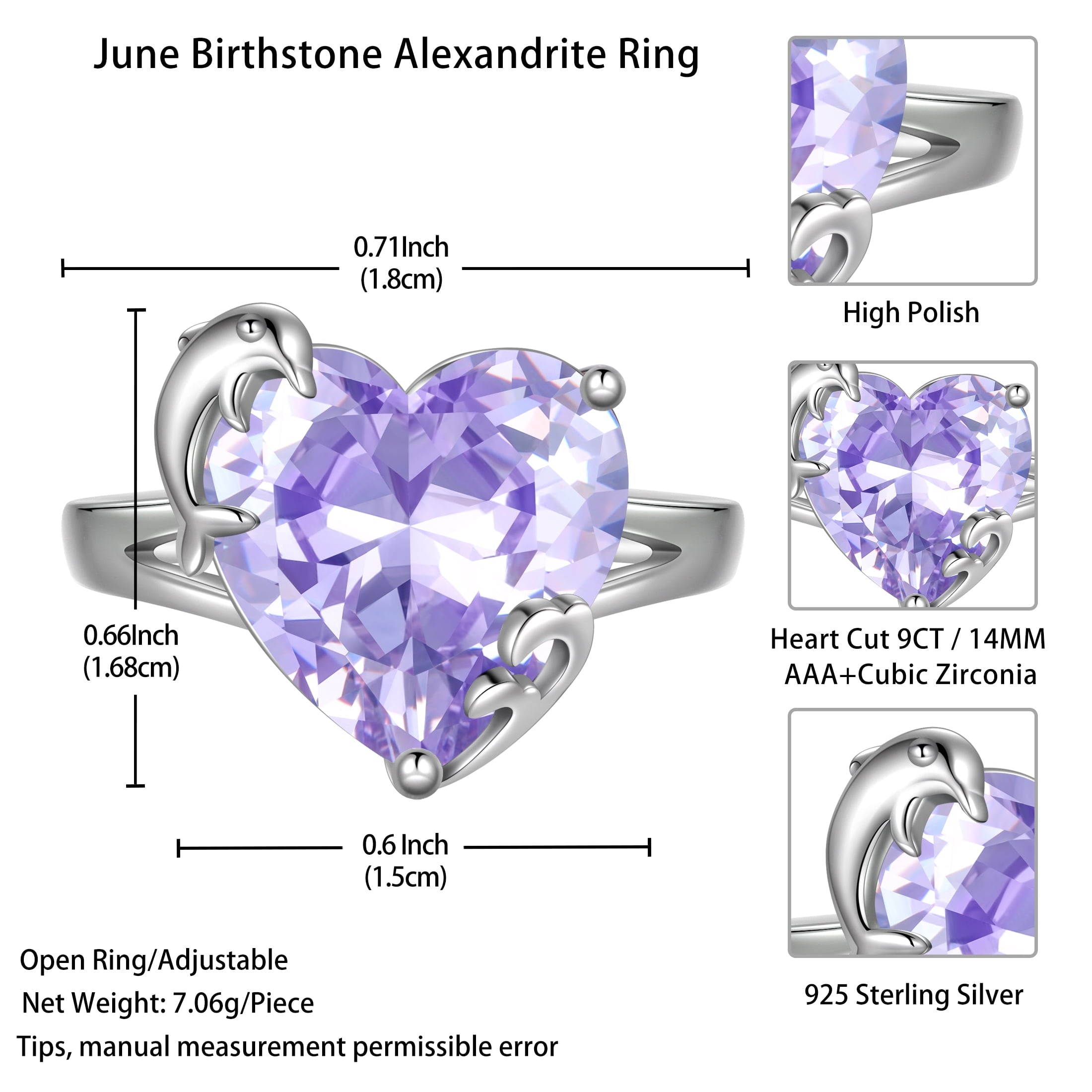 9Ct Women Heart Ring 925 Sterling Silver Dolphin June Birthstone Alexandrite Solitaire Ring Jewelry Birthday Gift for Mother - Aurora Tears