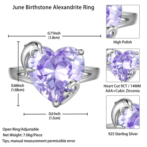 9Ct Women Heart Ring 925 Sterling Silver Dolphin June Birthstone Alexandrite Solitaire Ring Jewelry Birthday Gift for Mother - Aurora Tears