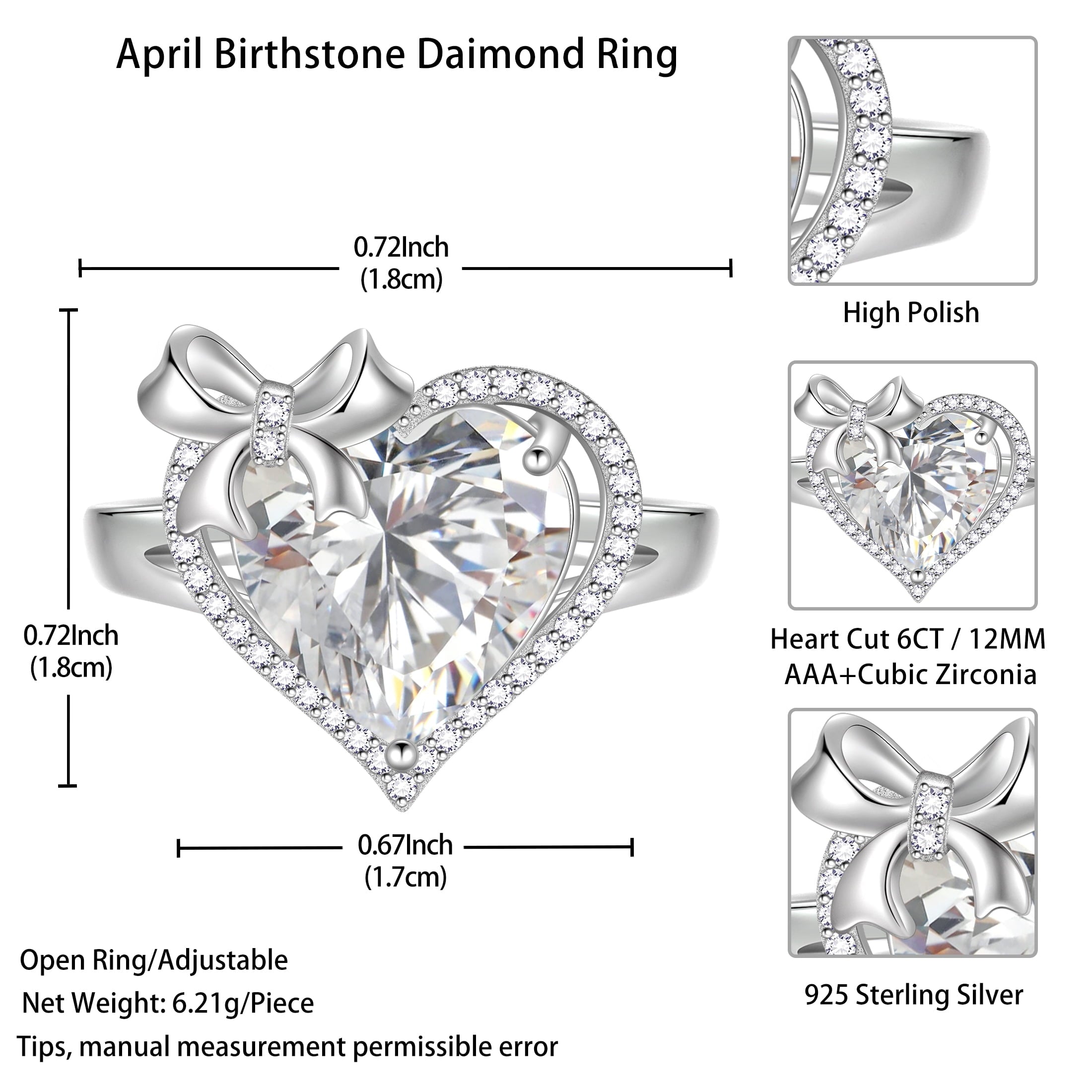 6Ct Heart Women Ring Bow Knot Ribbon 925 Sterling Silver April Birthstone Crystal Diamond Ring Promise Bridal Jewelry Valentines Gift for Wife Mother - Aurora Tears