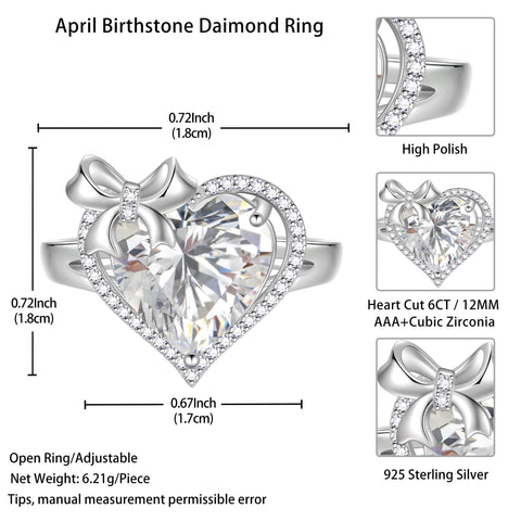 6Ct Heart Women Ring Bow Knot Ribbon 925 Sterling Silver April Birthstone Crystal Diamond Ring Promise Bridal Jewelry Valentines Gift for Wife Mother - Aurora Tears