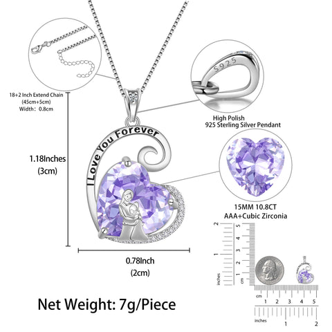 Mother Daughter Necklace 925 Sterling Silver Purple Heart Alexandrite June Birthstone Pendant Jewelry Women Christmas Mother's Day Gift for Mom - Aurora Tears