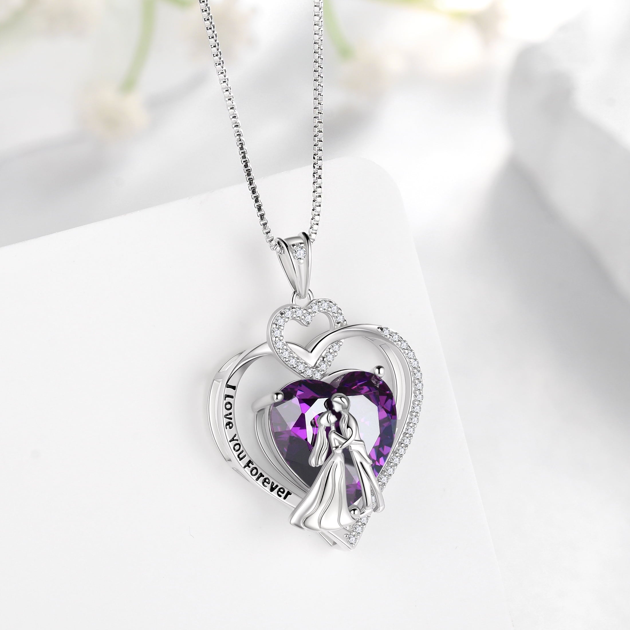 Couple Necklace for Women 925 Sterling Silver Heart February Birthstone Pendant Love Wedding Engagement Jewelry Valentine's Day Gift for Her Wife Girlfriend Bride - Aurora Tears