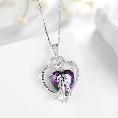 Couple Necklace for Women 925 Sterling Silver Heart February Birthstone Pendant Love Wedding Engagement Jewelry Valentine's Day Gift for Her Wife Girlfriend Bride - Aurora Tears