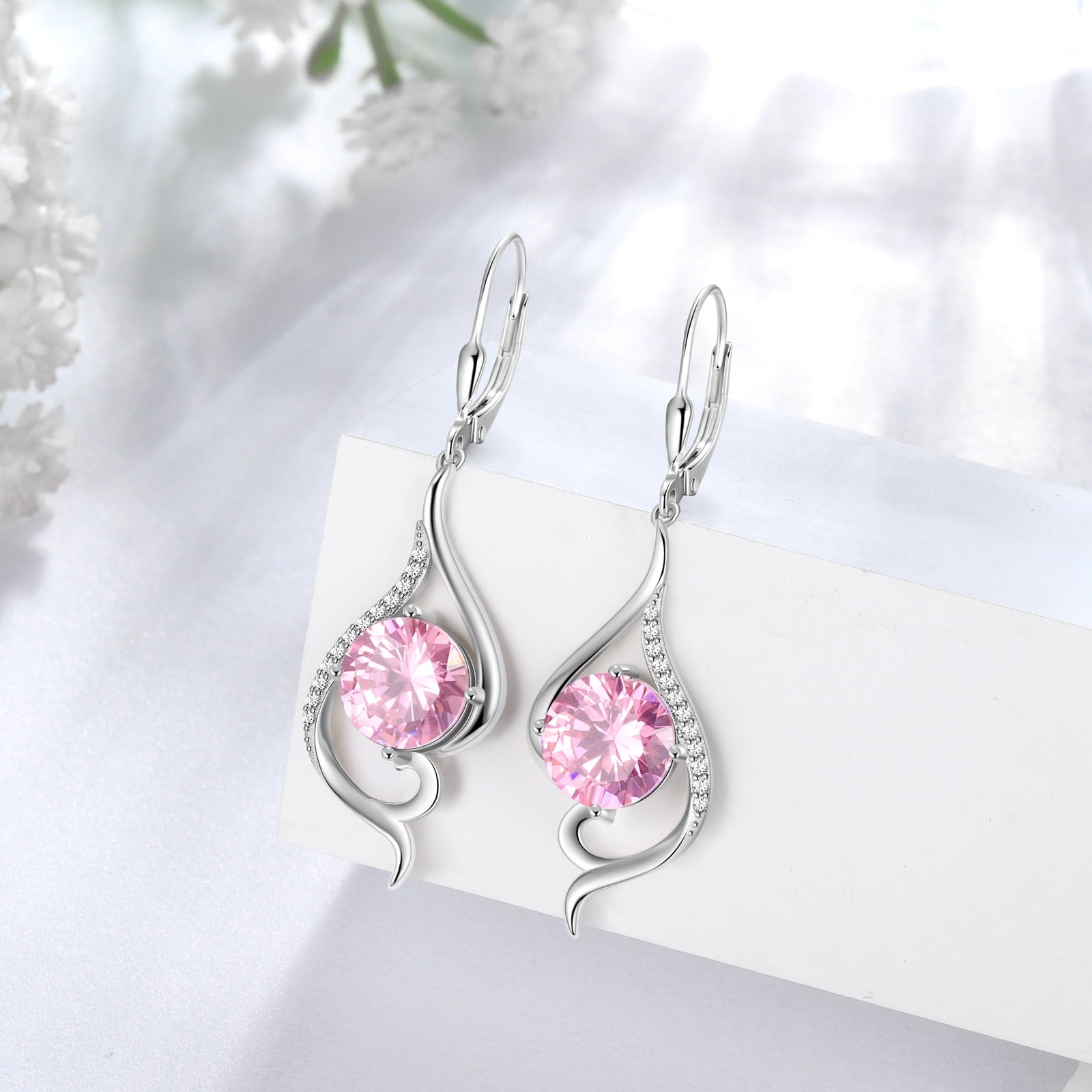 Women Dangle Earrings Pink October Birthstone Tourmaline Earrings 925 Sterling Silver Leverback Tail Jewelry Mother Christmas Birthday Valentines Day Gift for Her - Aurora Tears