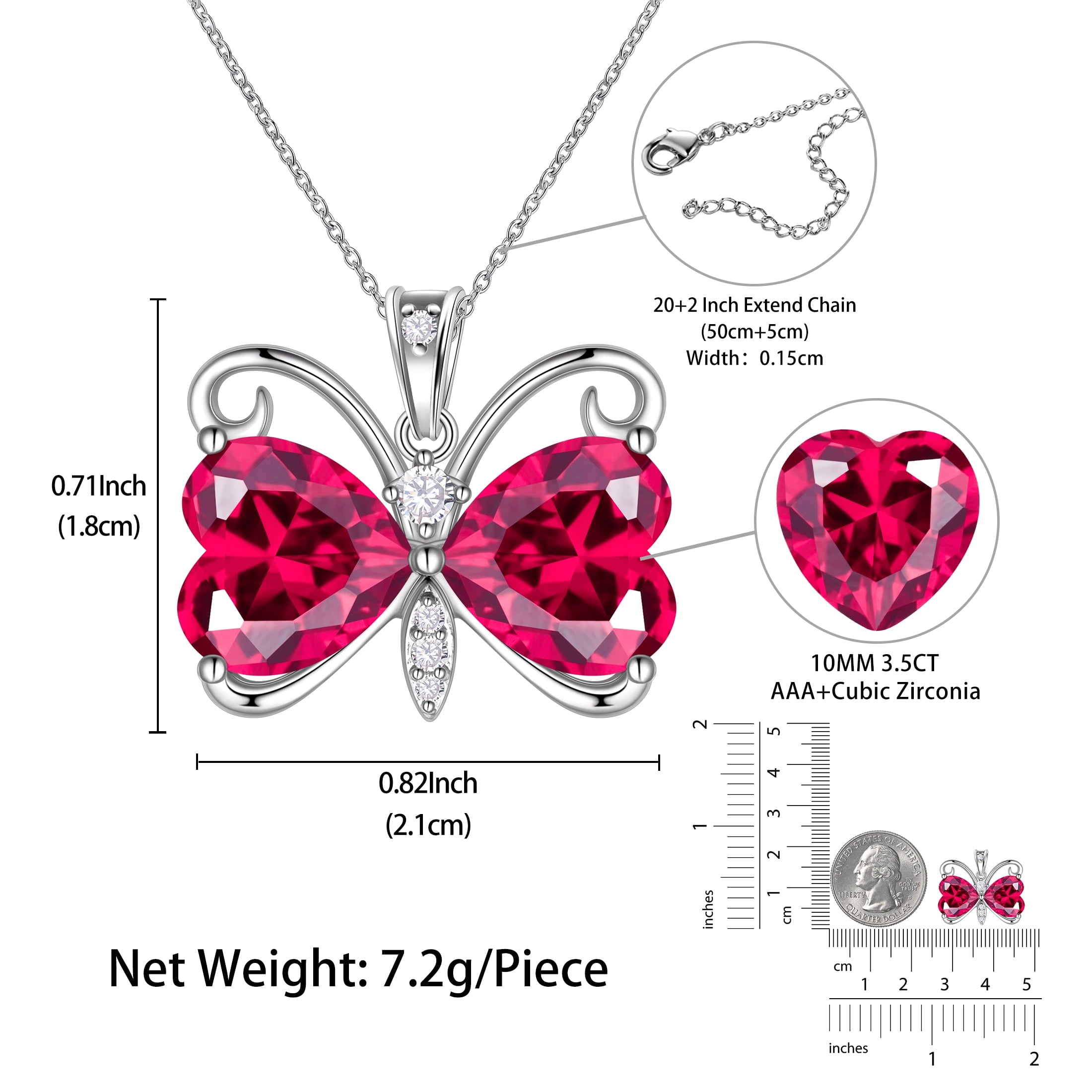 Women Red Butterfly Necklace Heart July Birthstone Necklace Ruby Crystal Silver Plated Pendant Jewelry Wife Wedding Birthday Mother's Day Gift - Aurora Tears