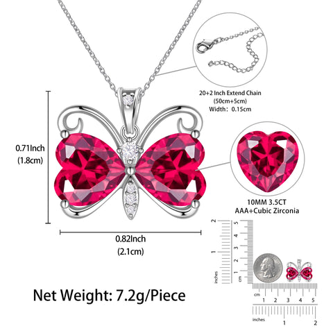 Women Red Butterfly Necklace Heart July Birthstone Necklace Ruby Crystal Silver Plated Pendant Jewelry Wife Wedding Birthday Mother's Day Gift - Aurora Tears