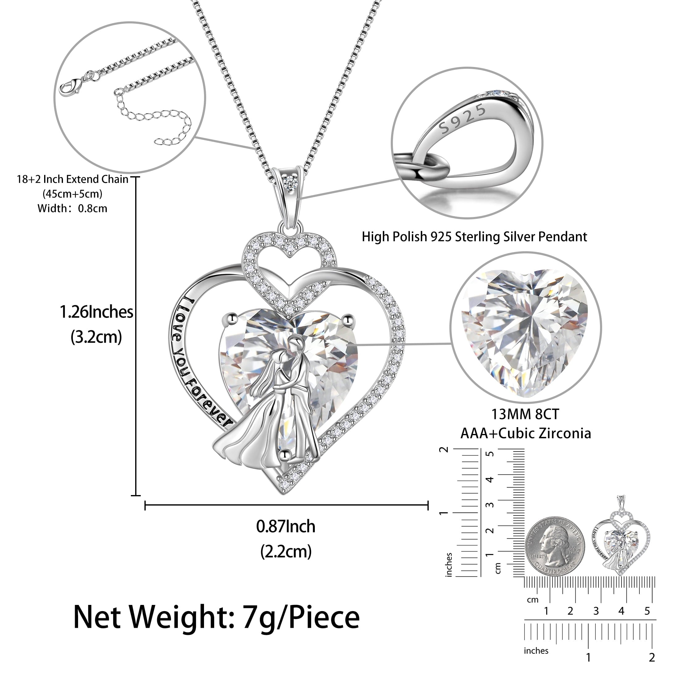 Couple Necklace for Women 925 Sterling Silver Heart April Birthstone Pendant Engraved Wedding Engagement Jewelry Valentines Day Gift for Her Wife Bride Girlfriend - Aurora Tears