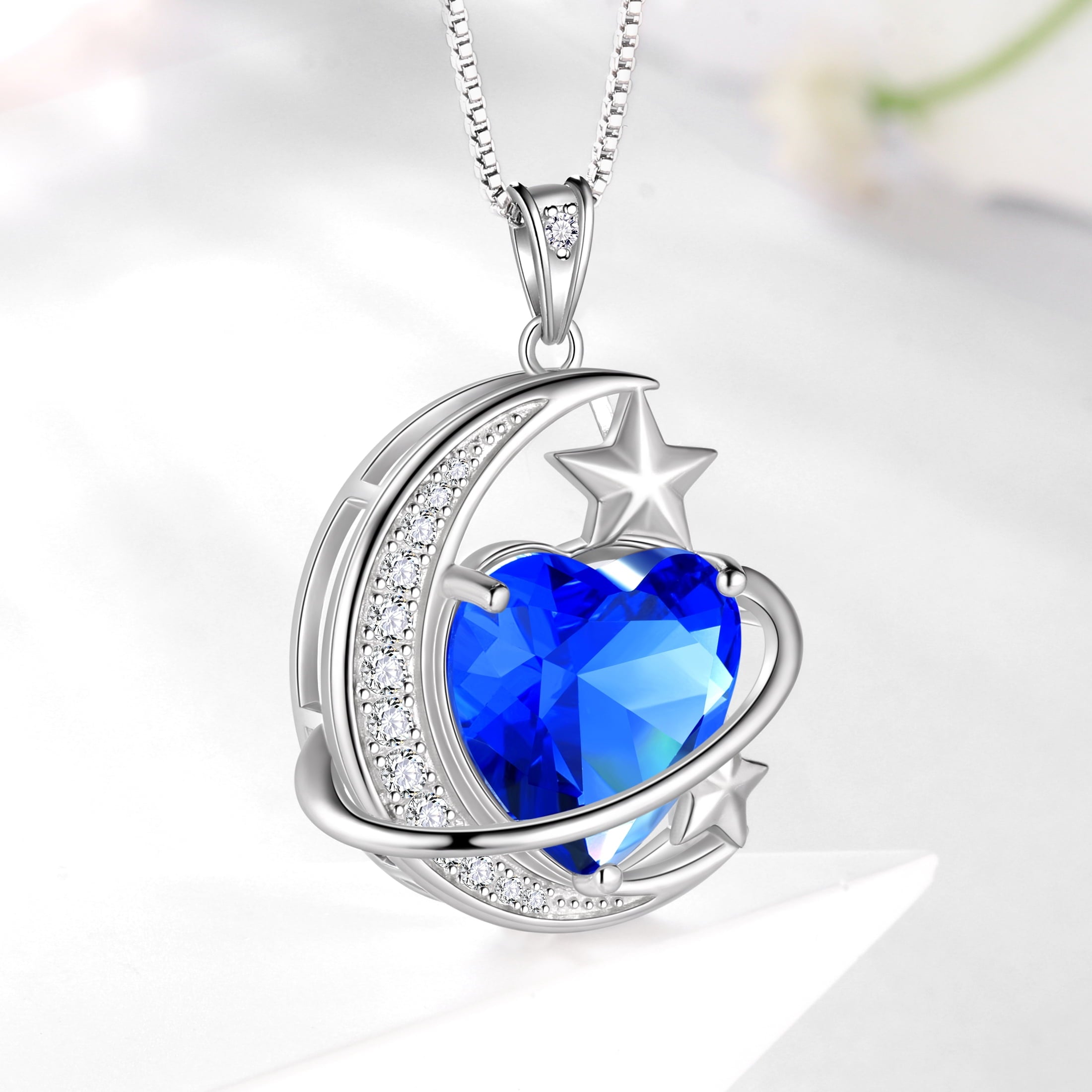 13MM Women Moon Stars Necklace Heart September Birthstone 925 Sterling Silver Pendant Blue Sapphire Jewelry Christmas Valentines Birthday Mother's Day Gift for Her/Wife/Mom - Aurora Tears