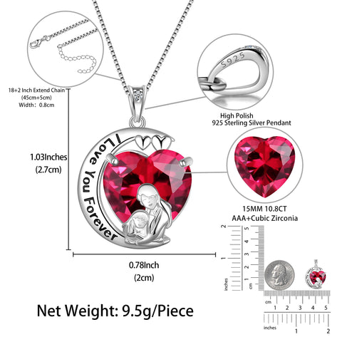 Moon Heart Mother Daughter Necklace 925 Sterling Silver Red Ruby July Birthstone Pendant Jewelry Women Birthday Christmas Mother's Day Gift for Mom - Aurora Tears